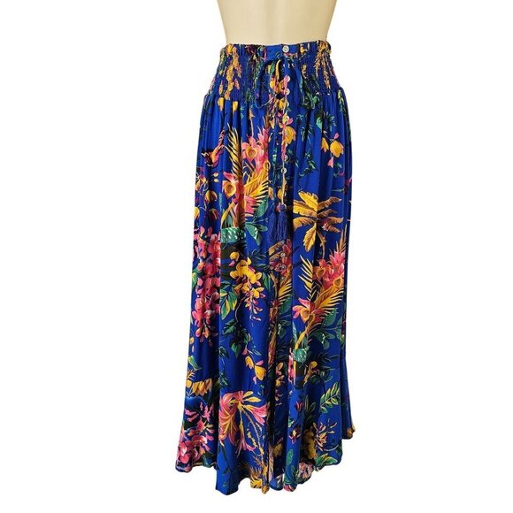Cynthia Rowley Cinch Waist Maxi Skirt Sz M Tropical Blue Rayon Button Tie Front - Picture 1 of 10